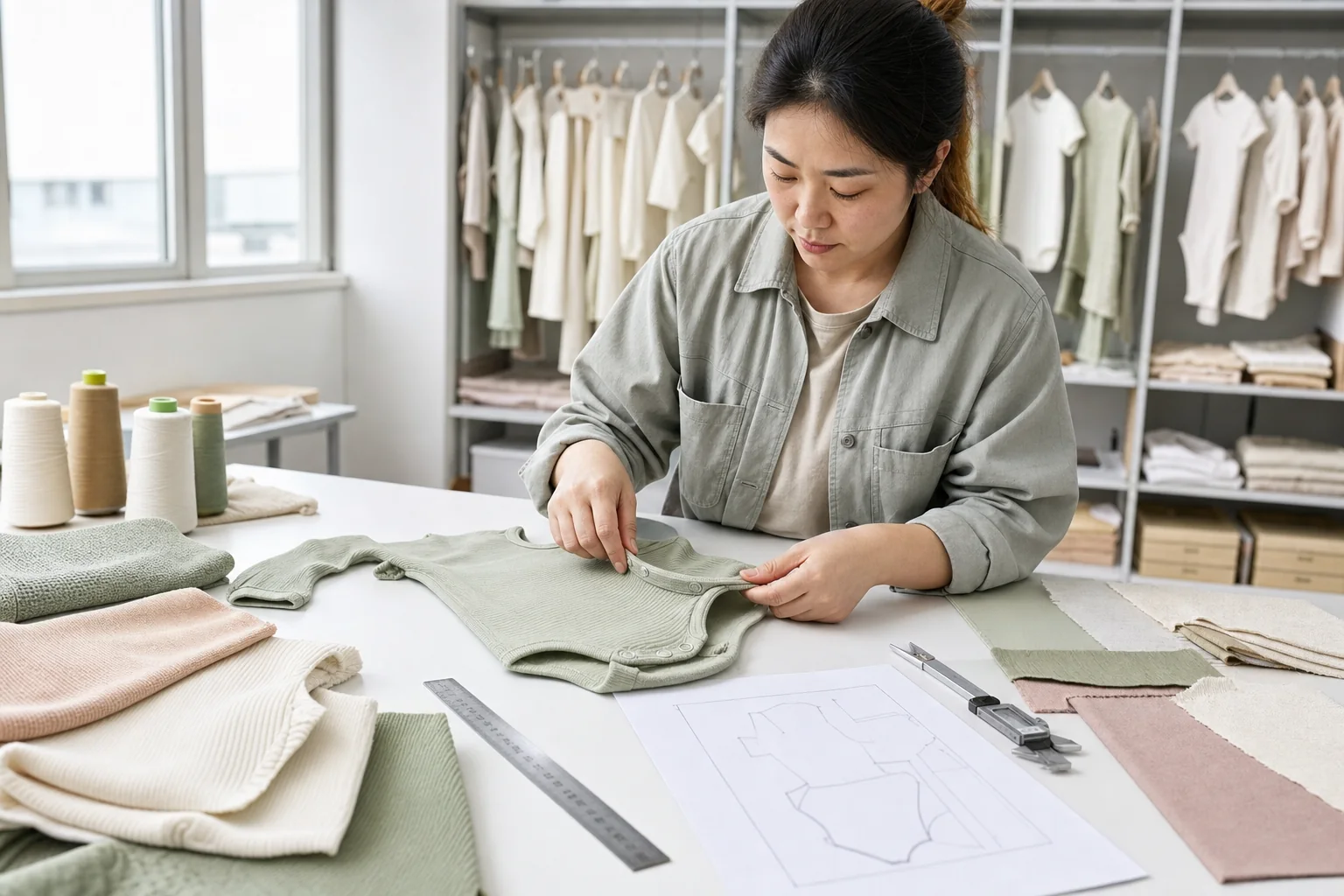 Baby clothing technician checking organic cotton fabric seams and snap construction
