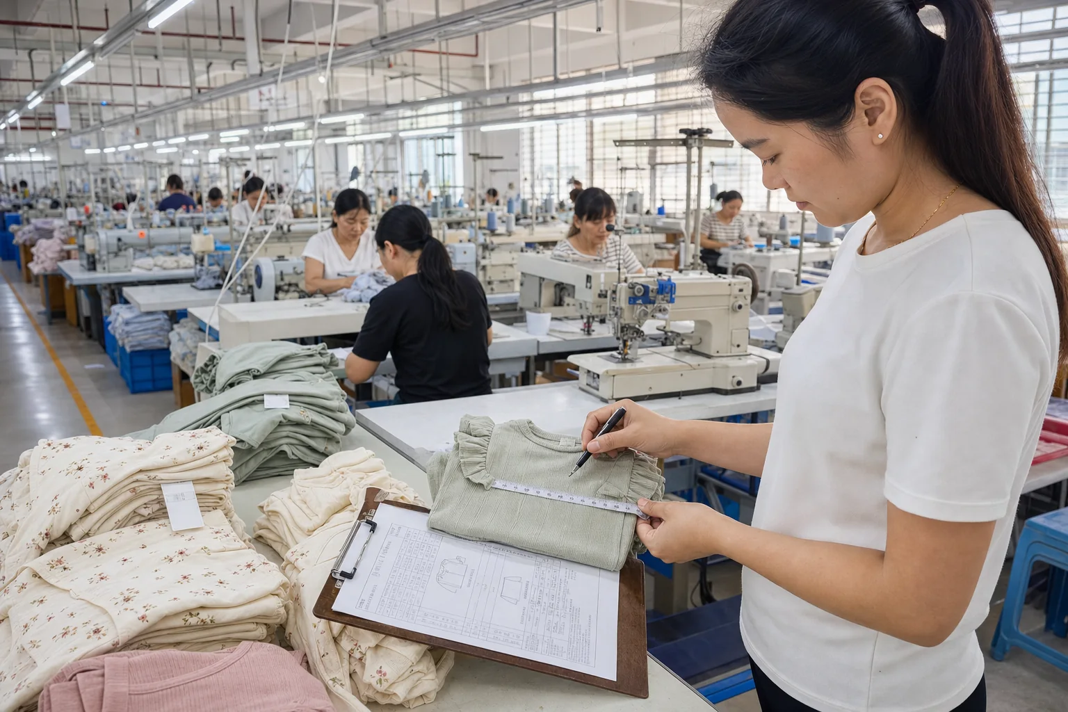 JC Apparel Dongguan factory quality inspector measuring finished childrenswear during production
