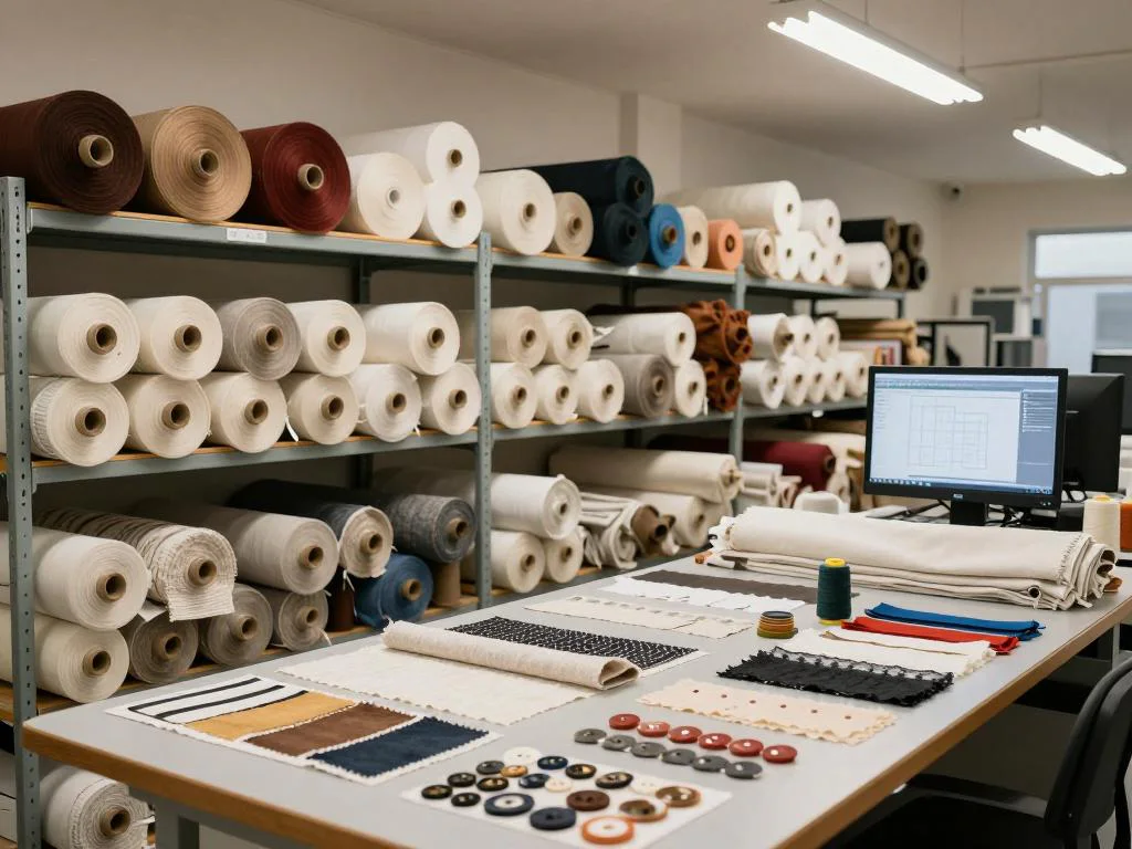 Fabric rolls, swatches and trims prepared for custom baby and kids clothing development