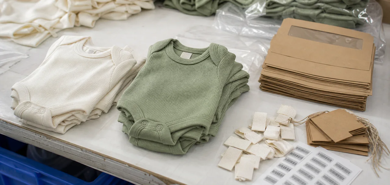 Private-label baby bodysuit labels, hangtags and packaging at JC Apparel