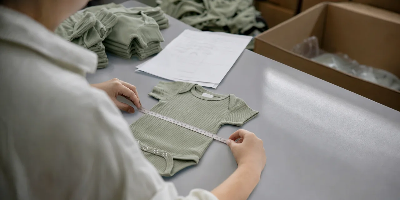 JC Apparel quality inspector measuring a baby bodysuit before shipment