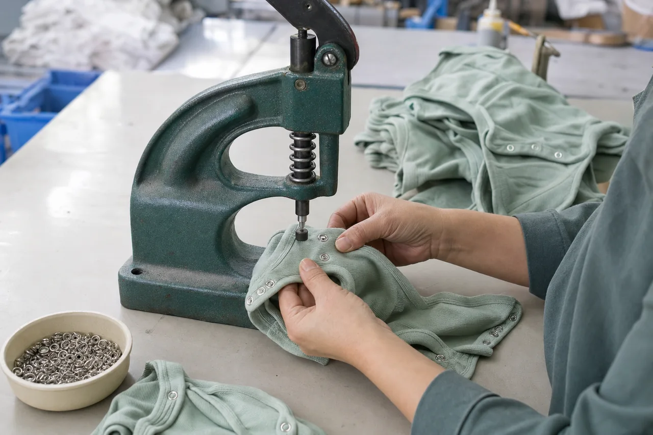 JC Apparel worker installing nickel-free snaps on a custom baby bodysuit