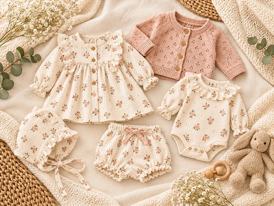 Illustrative floral babywear collection laid flat