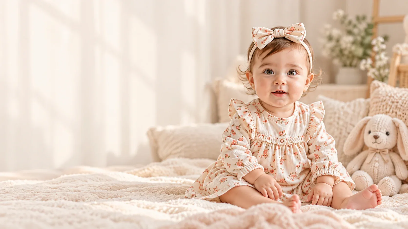 Baby wearing a floral romper on cream bedding