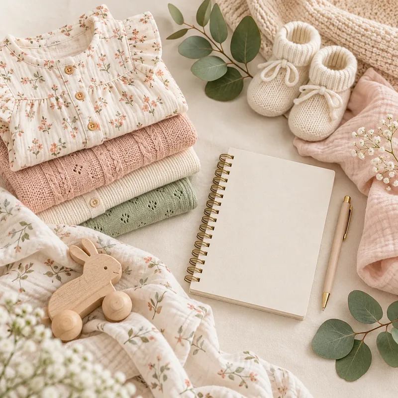 Babywear fabric textures, folded garments and greenery