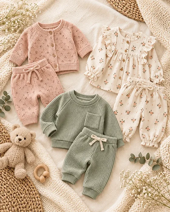 Pink knit, cream floral and sage baby tops with matching pants laid on a blanket
