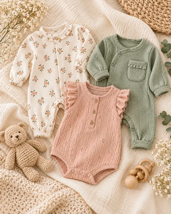 Cream floral and sage rompers with a pink ruffle bodysuit laid on a blanket