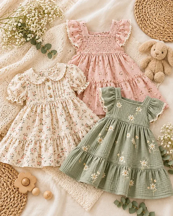 Pink floral, cream floral and sage daisy dresses laid on a blanket