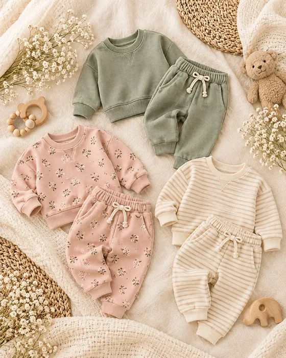 Sage, pink floral and cream striped sweatshirts with matching joggers laid on a blanket