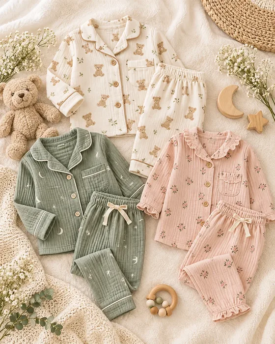 Cream bear-print, sage moon-print and pink floral pajama sets laid on a blanket