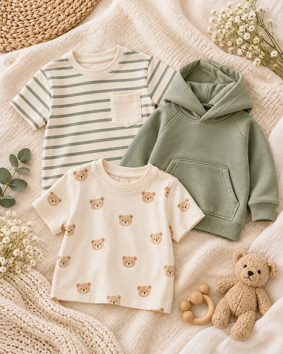 A striped T-shirt, cream bear-print T-shirt and sage hoodie laid on a blanket