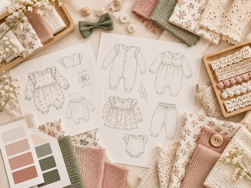 Babywear collection sketches and material swatches