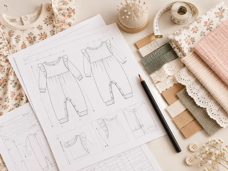 Garment sketches, fabric swatches and a pen for tech pack planning