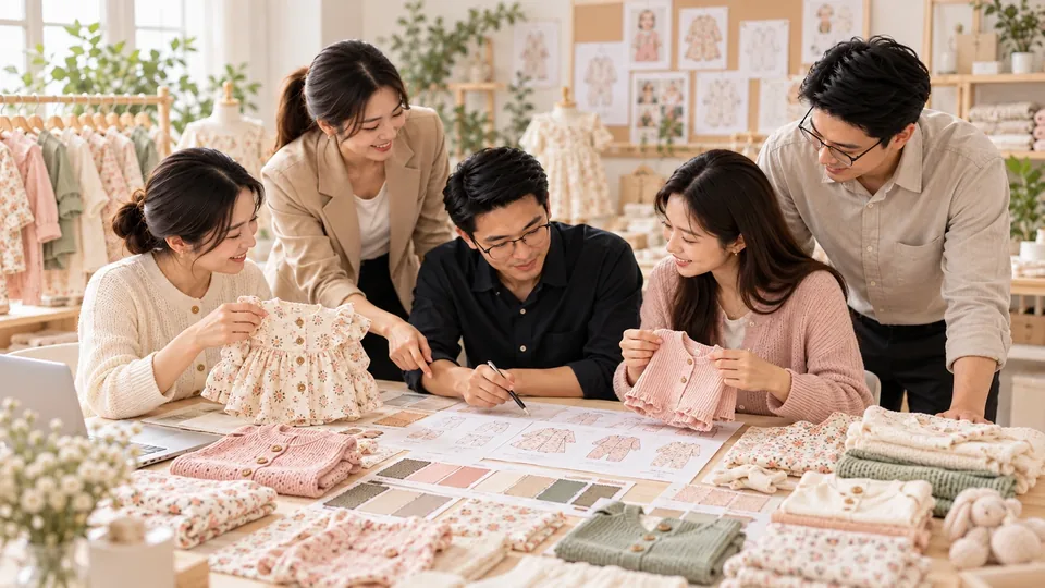 Illustration of an apparel development team reviewing swatches