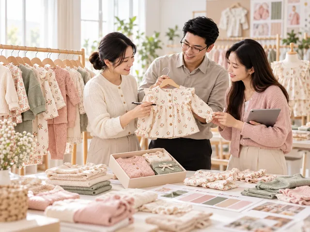 Illustration of garment samples being reviewed